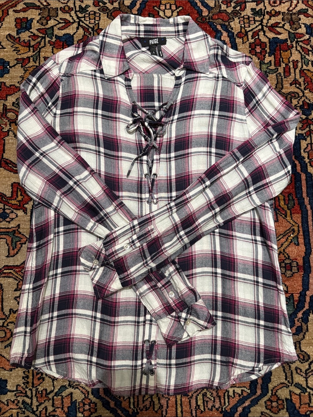 PAIGE Lace-Up Plaid Button-Down Shirt in White and Burgundy